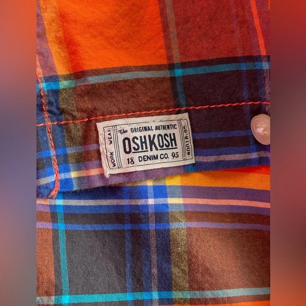 OshKosh B'Gosh Boys' Orange Blue Plaid Woven Buttonfront Cotton Shirt Size 14